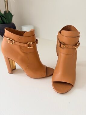 Salvatore Ferragamo Tan Leather Open-Toe Ankle Boots